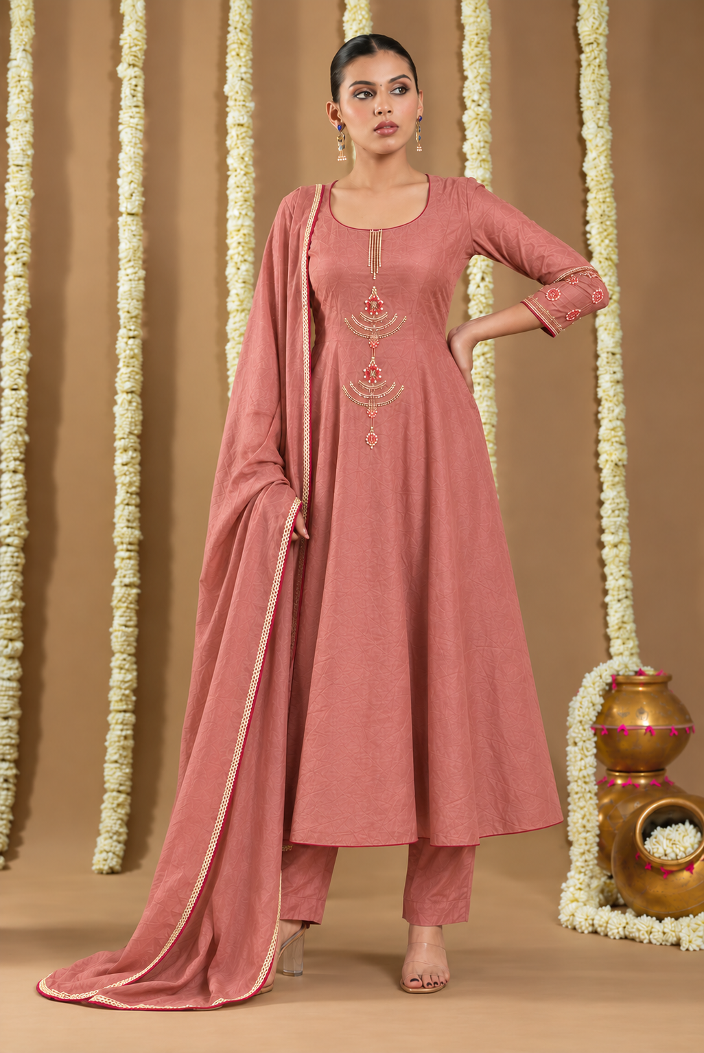 Rosewood Embroidered Anarkali Suit Set with Dupatta