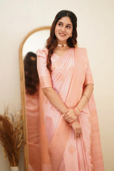Women's Light Peach Silk Blend Saree with Elegant Solid Weave & Designer Border
