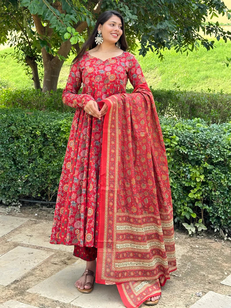 Red Floral Printed Anarkali Kurta Set with Matching Dupatta