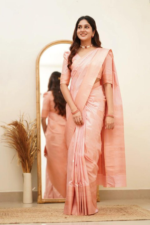 Women's Light Peach Silk Blend Saree with Elegant Solid Weave & Designer Border