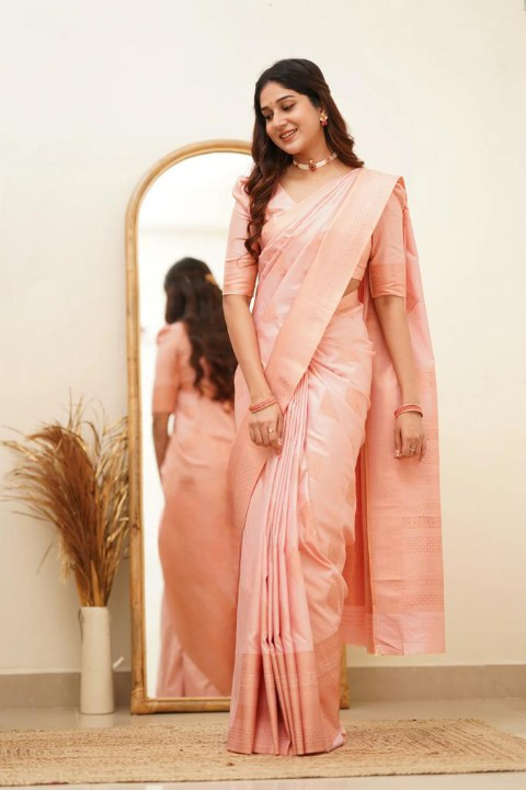 Women's Light Peach Silk Blend Saree with Elegant Solid Weave & Designer Border