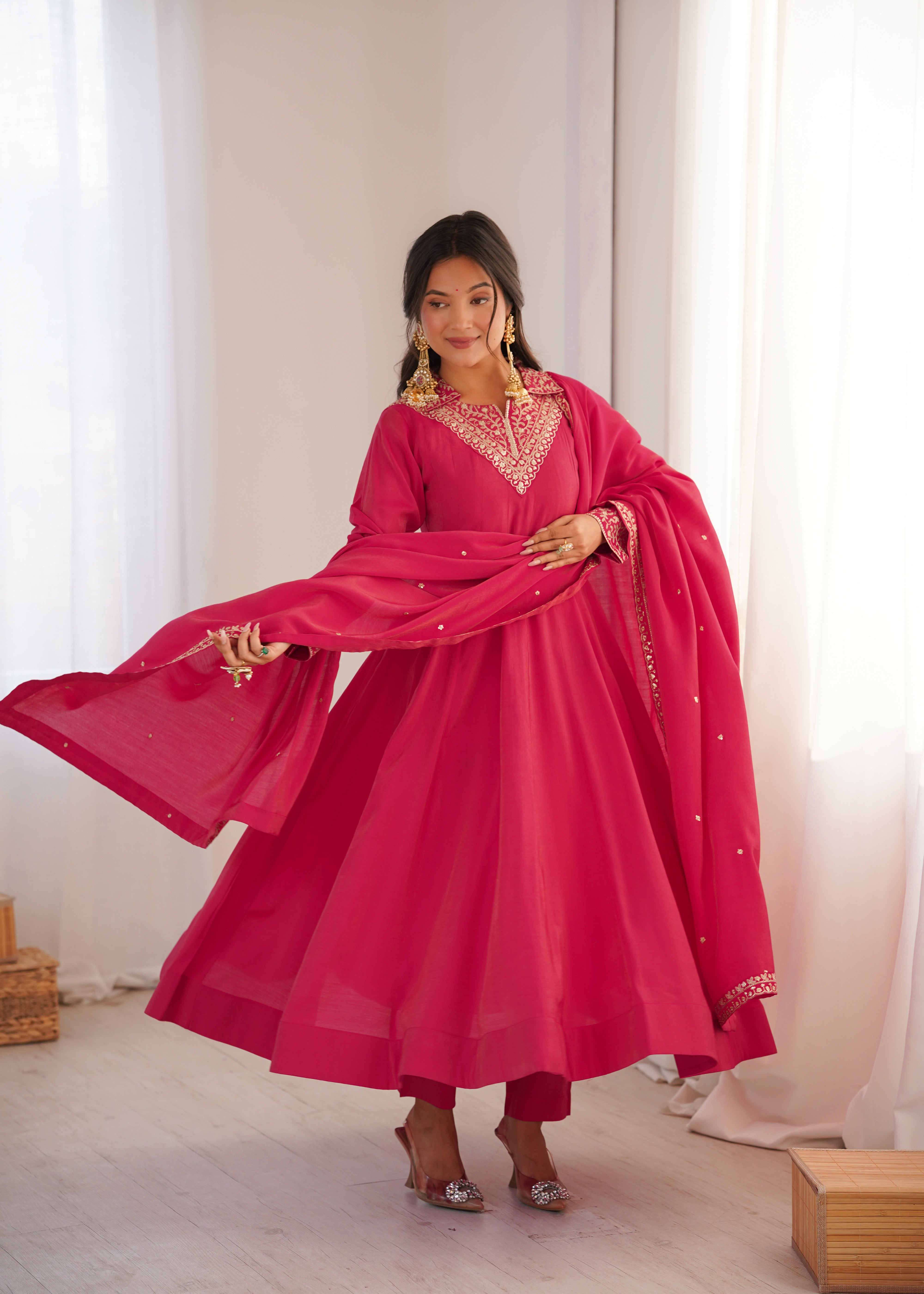 Premium Pink Embroidered Anarkali Suit Set with Dupatta – Festive & Wedding Wear