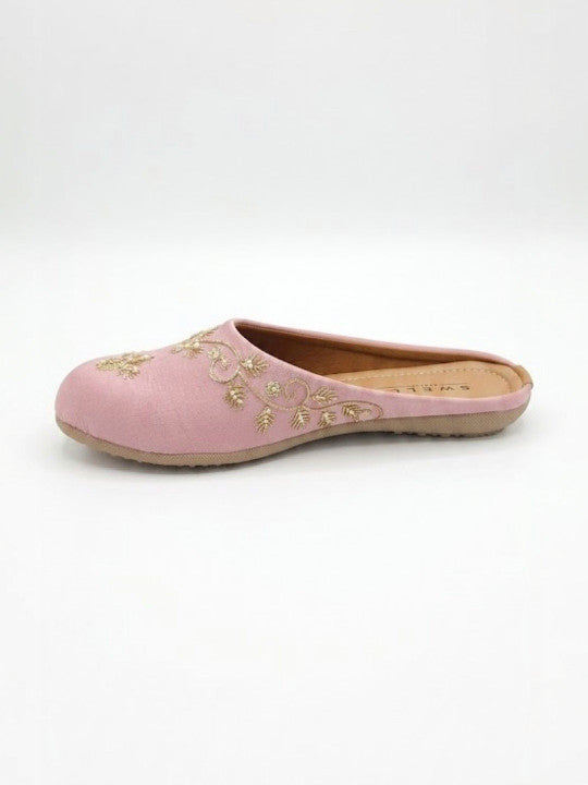 Traditional Pink Embroidered Flat Mules for Women