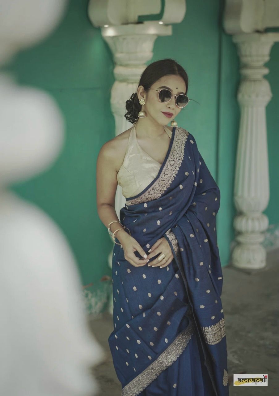 Women's Royal Blue Silk Saree with Golden Zari Border