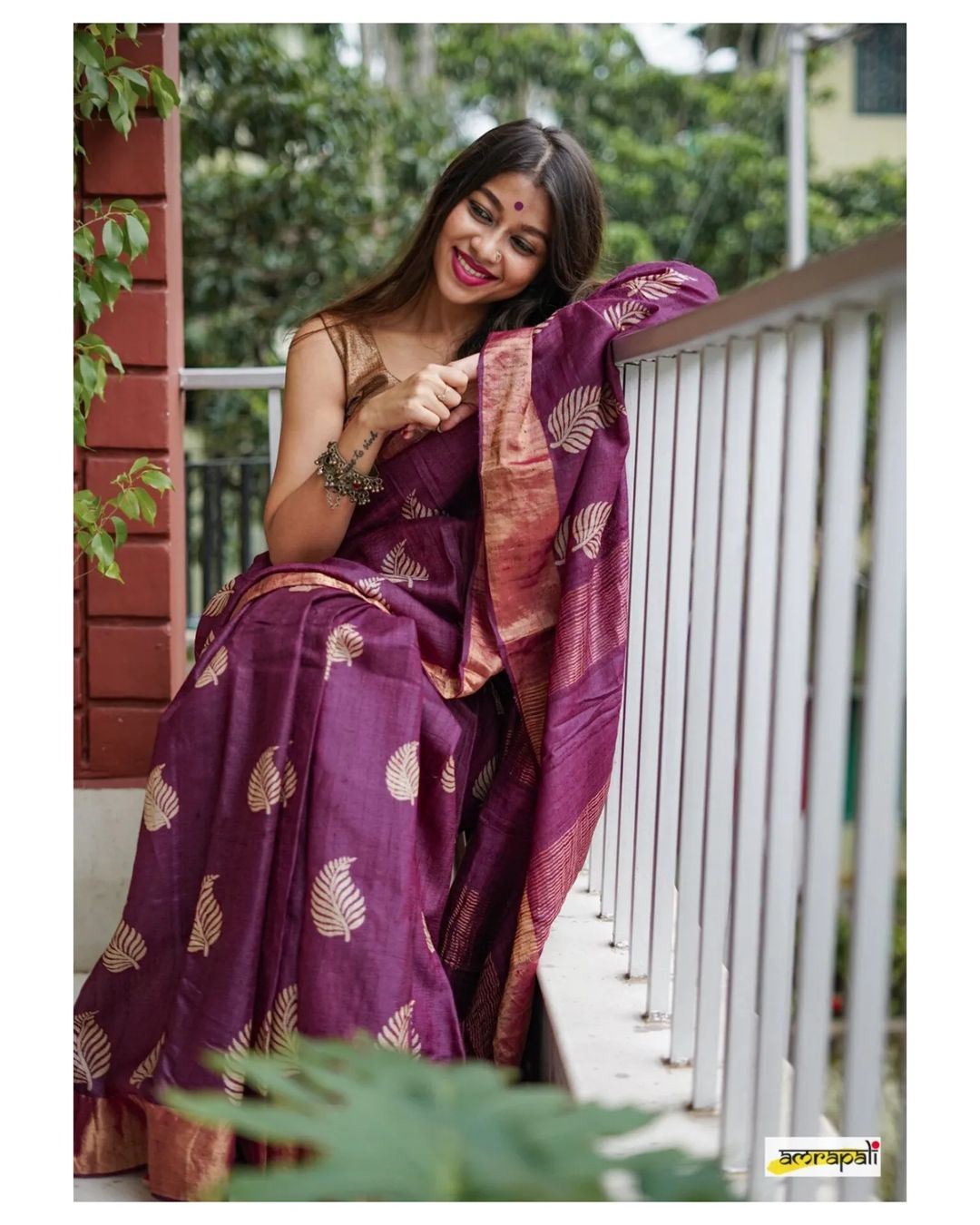 Women's Charcoal Wine Silk Saree with Golden Leaf Motifs