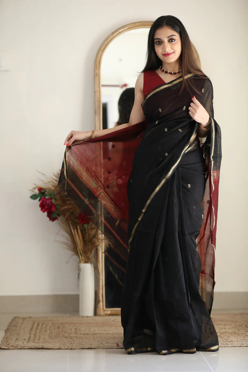 Artistic Black Cotton Silk Saree With Marvellous Blouse Piece