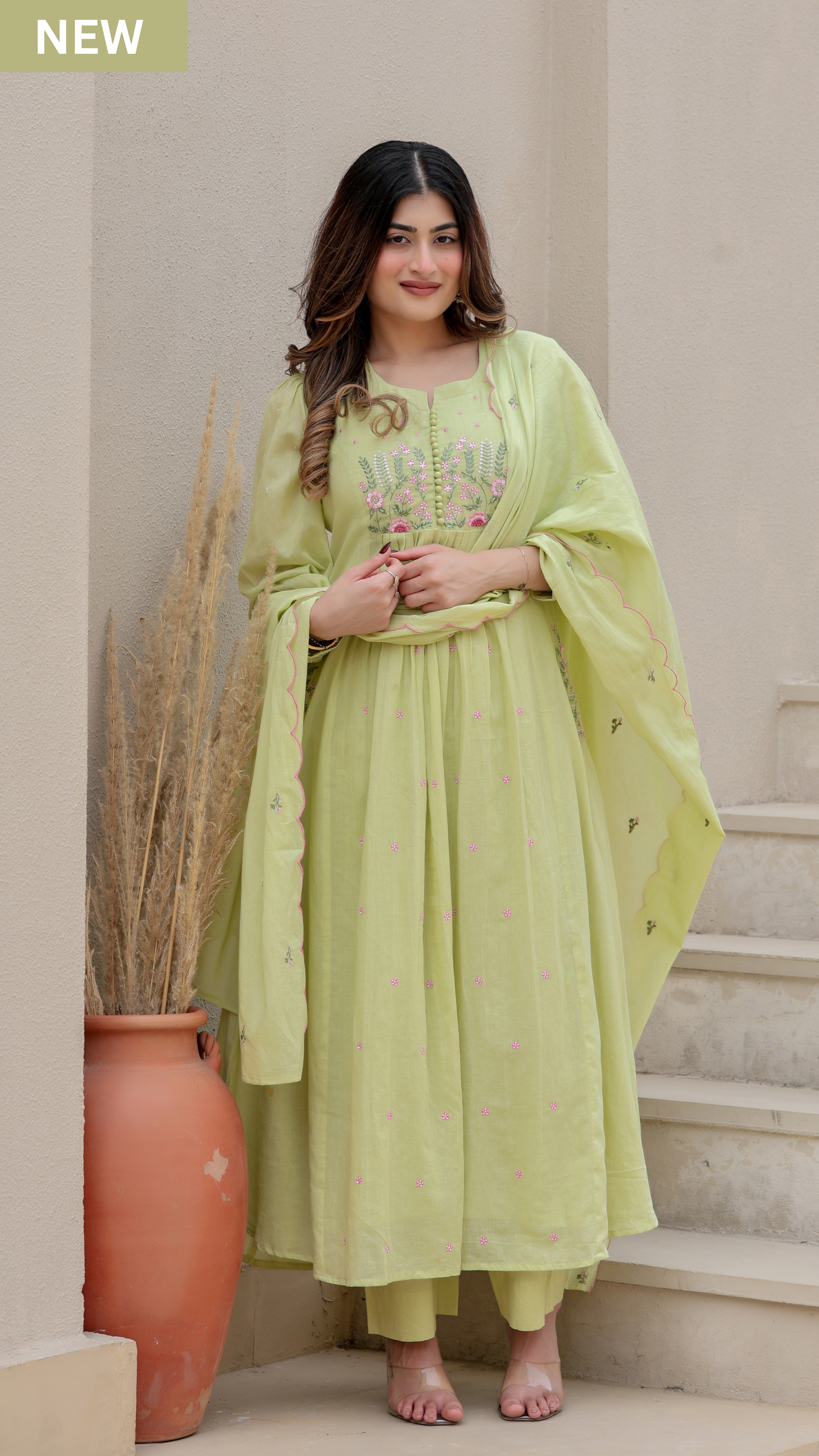 Elegant Embroidered Anarkali Kurta Set with Dupatta – Ivory, Lime Green & Blush Pink