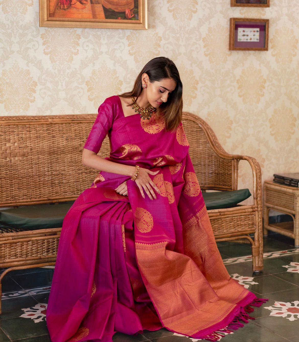 Women Bird Woven Banarasi Silk Saree with Tassels