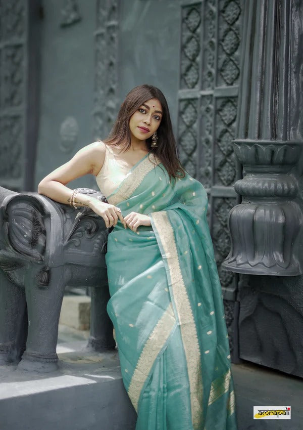 Women's Sea Green Silk Saree with Golden Zari Border