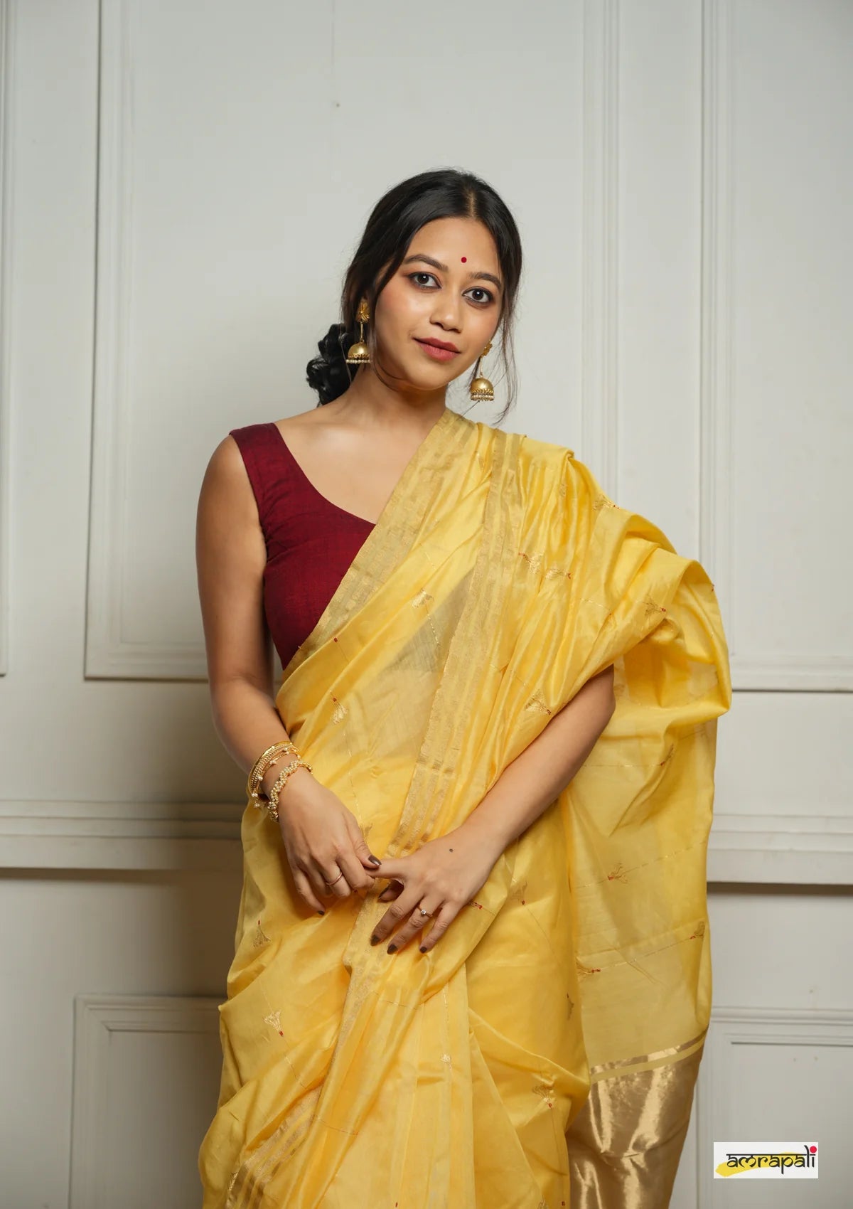 Women's Yellow Organza Saree with Golden Border