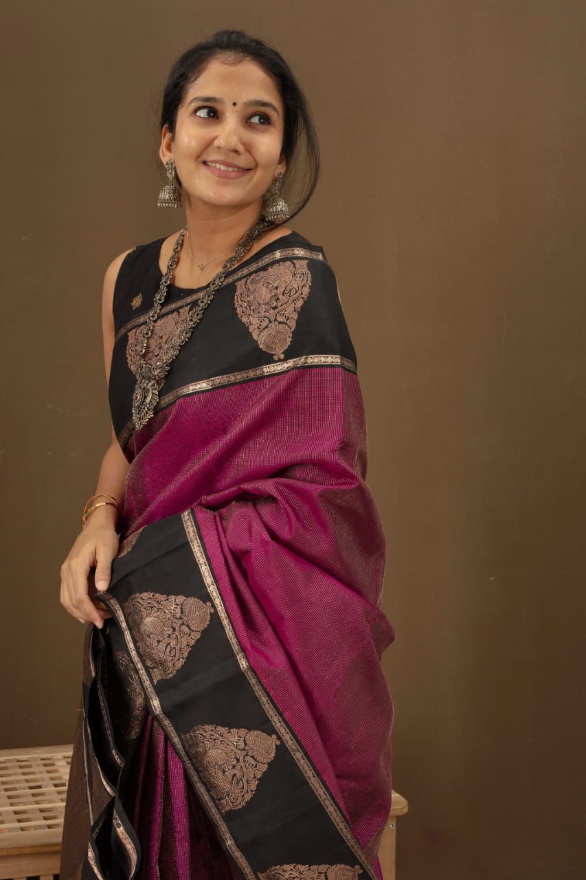 Magenta & Black Banarasi Silk Saree with Rich Zari Border