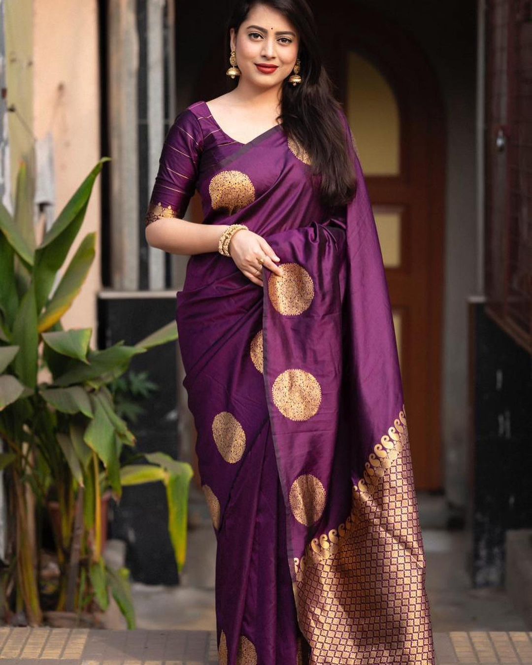 Elegant Wine Silk Saree with Gold Polka Motifs & Rich Designer Pallu