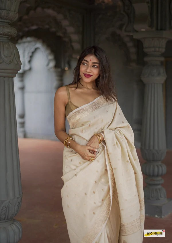 Women's Cream Silk Saree with Golden Zari Border