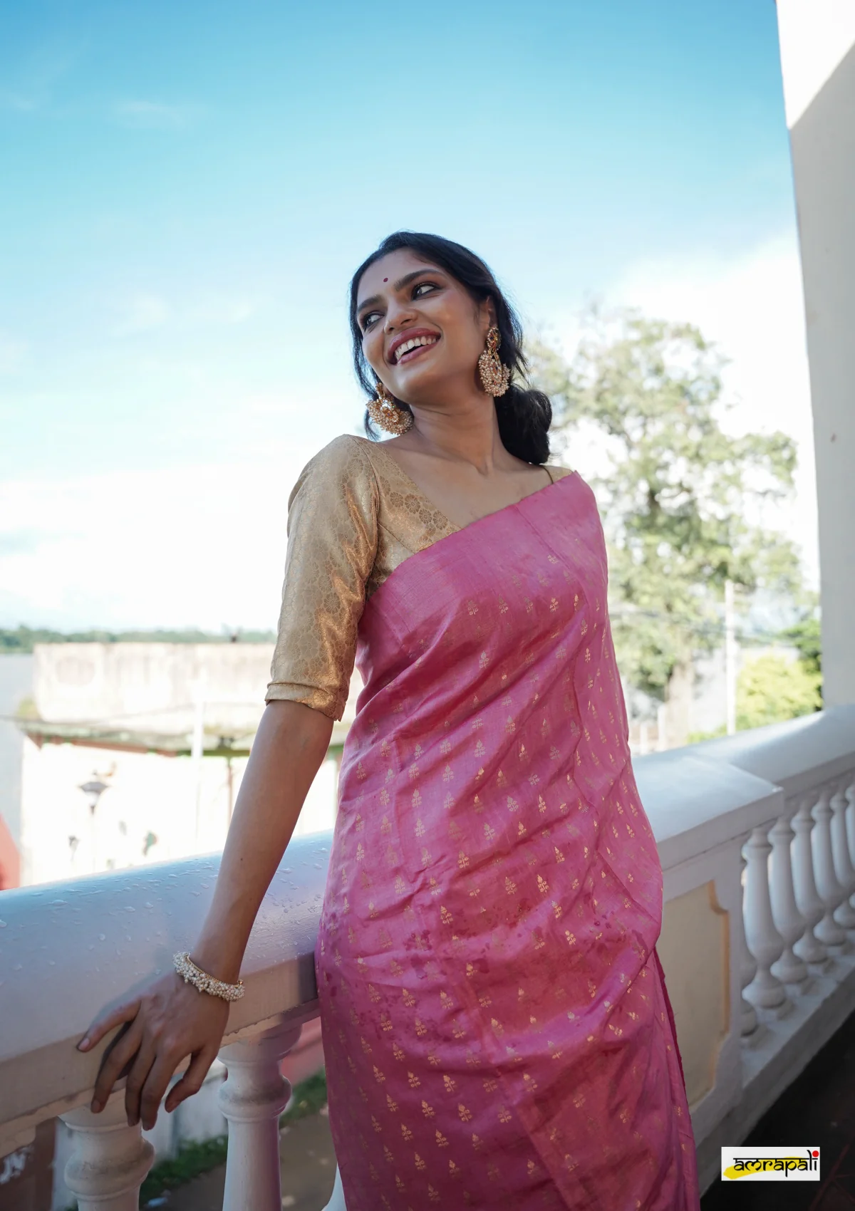 Women's Rose Pink Silk Blend Saree with Golden Woven Motifs & Designer Tassel Pallu