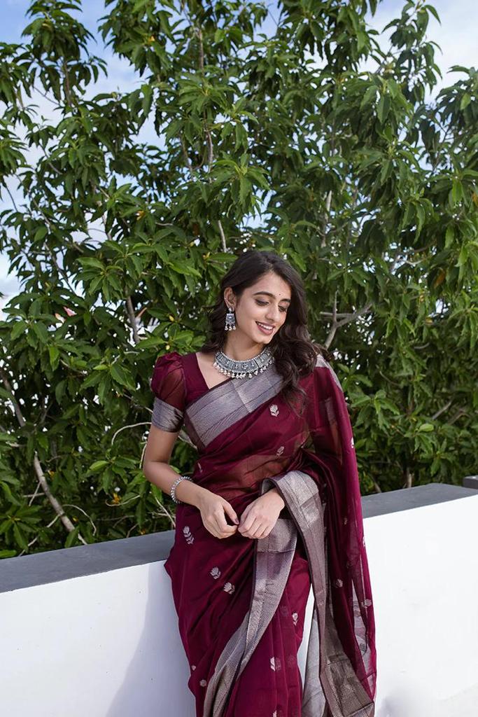 Women's Emerald Wine Saree with Silver Zari Border