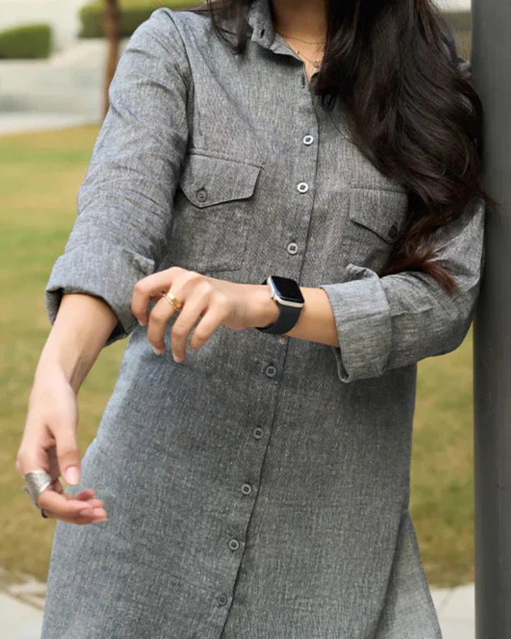 Women's Grey Cotton Linen Co-Ord Set | Shirt Style Kurta with Wide Leg Pants