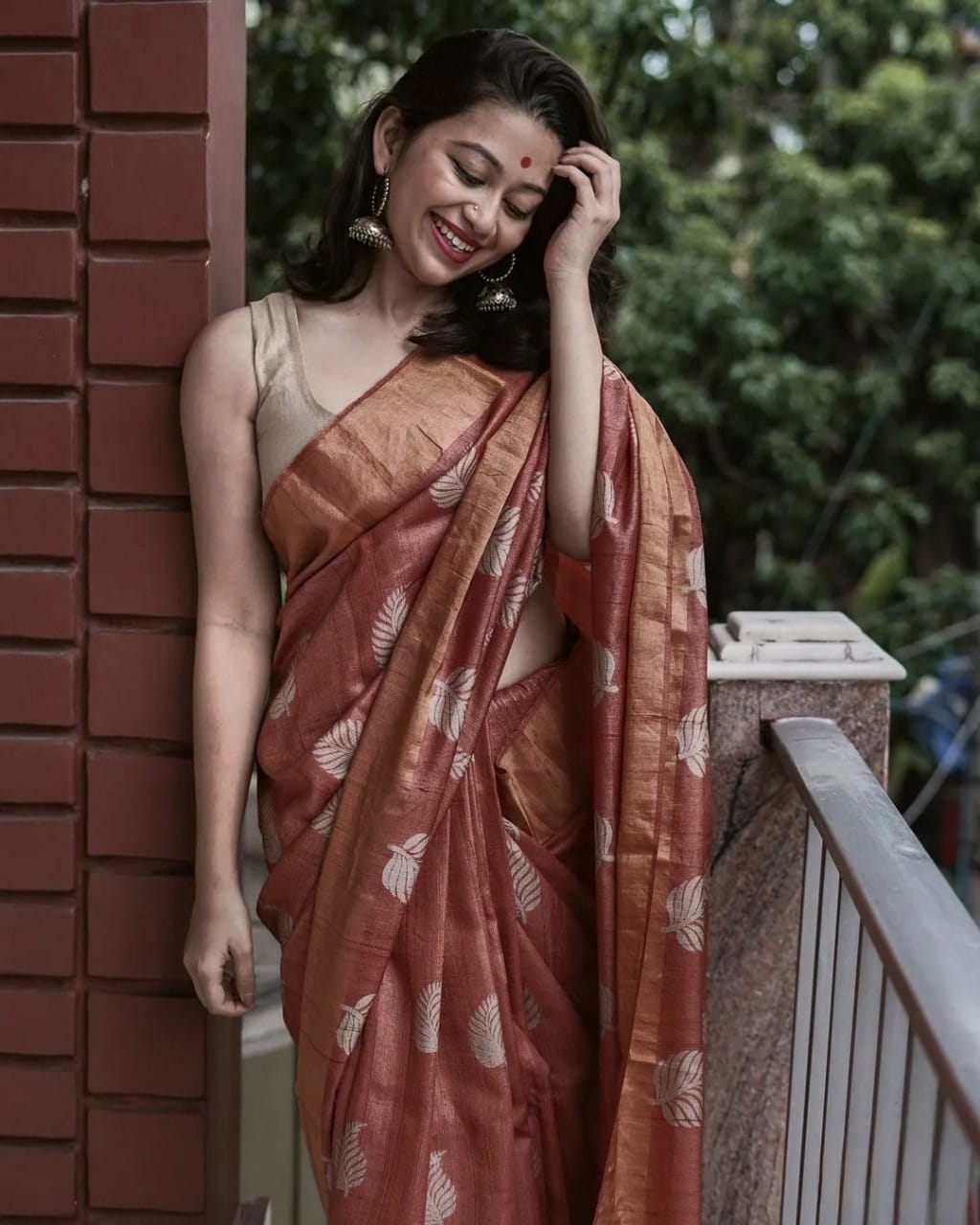 Women's Copper Brown Silk Saree with Golden Leaf Motifs