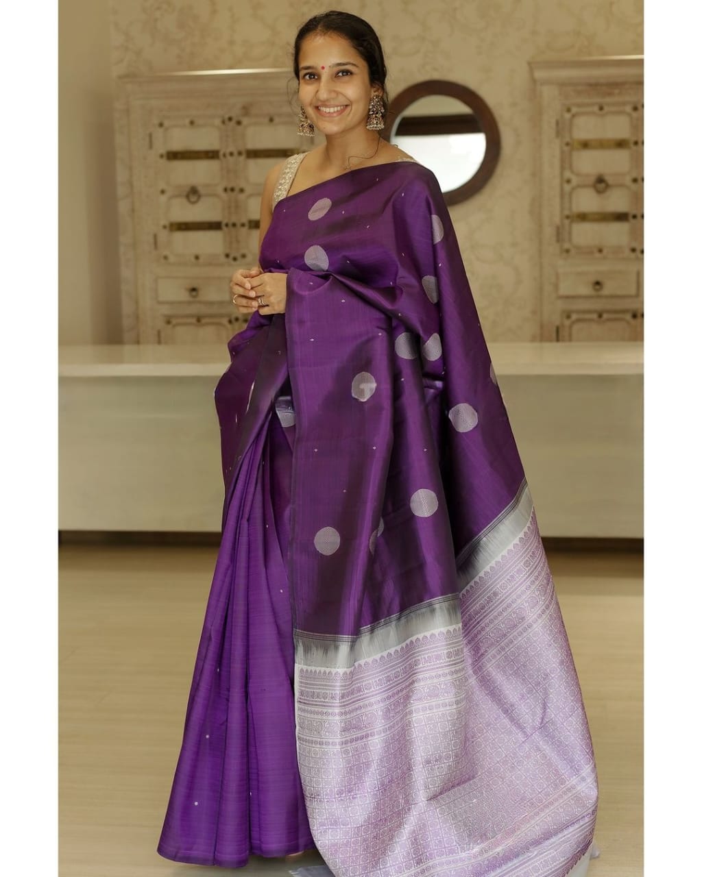 Royal Purple Silk Saree with Silver Zari Polka Motifs & Rich Woven Border