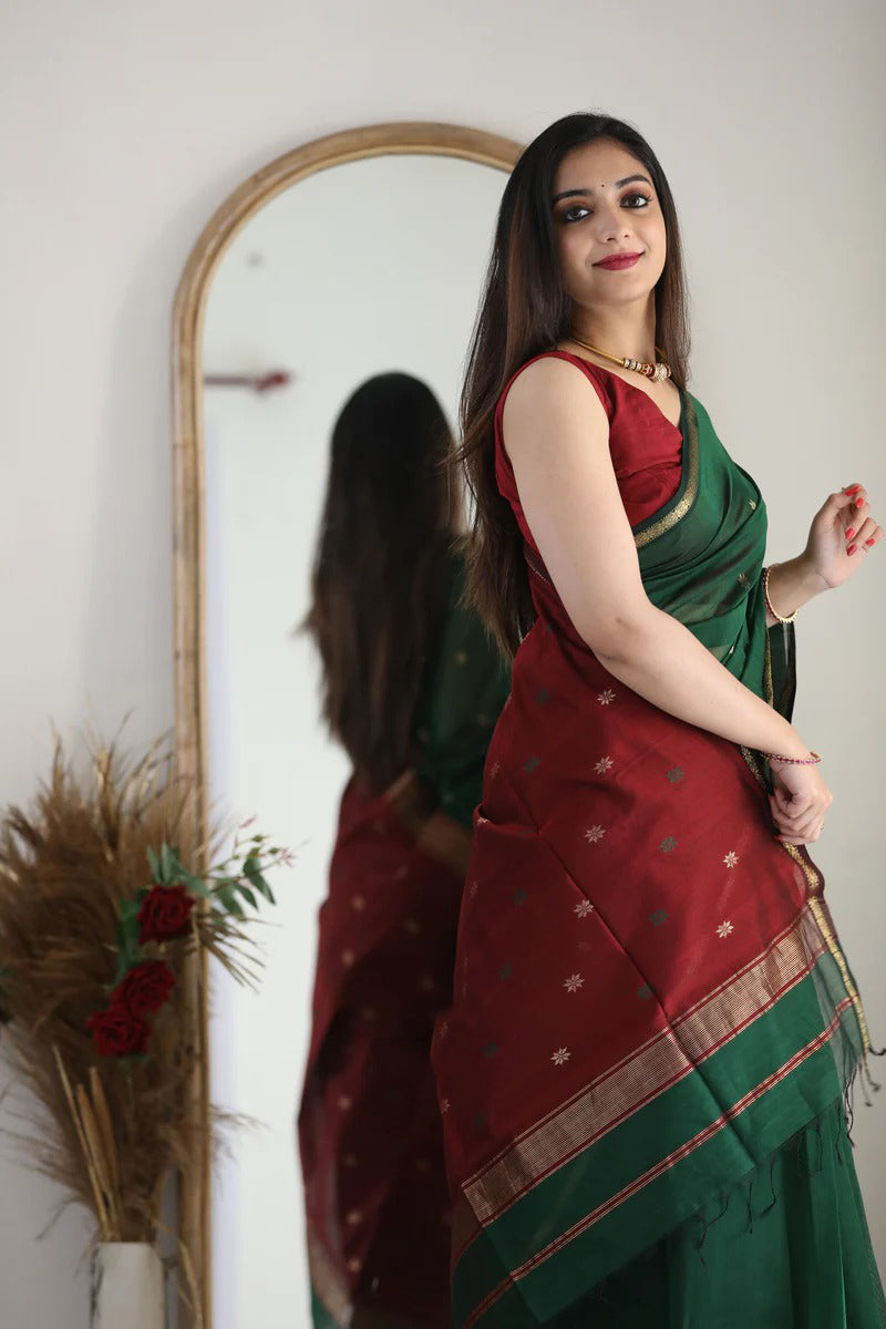 Snazzy Green Cotton Silk Saree With Prodigal Blouse Piece