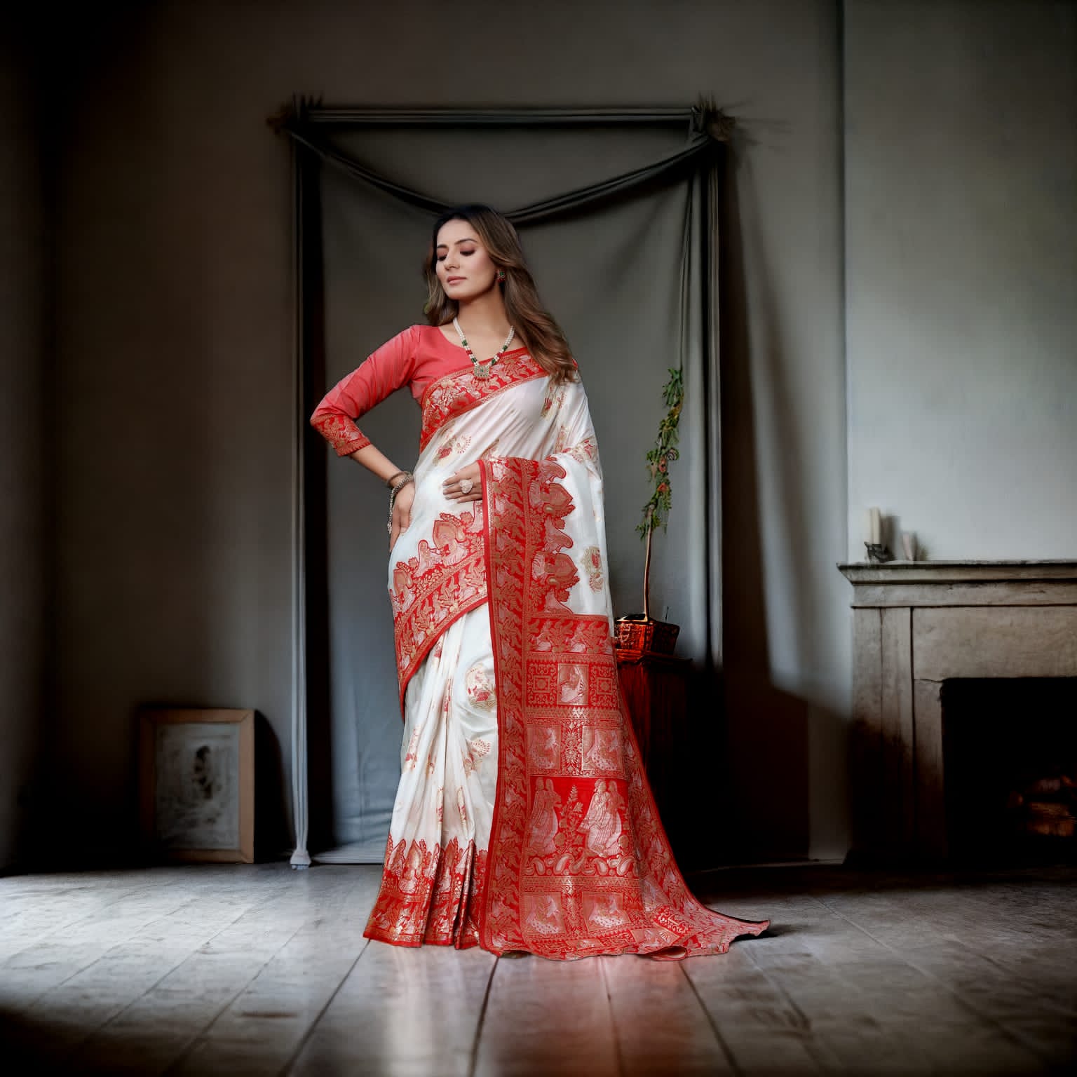 Floral Print Saree with Contrast Border