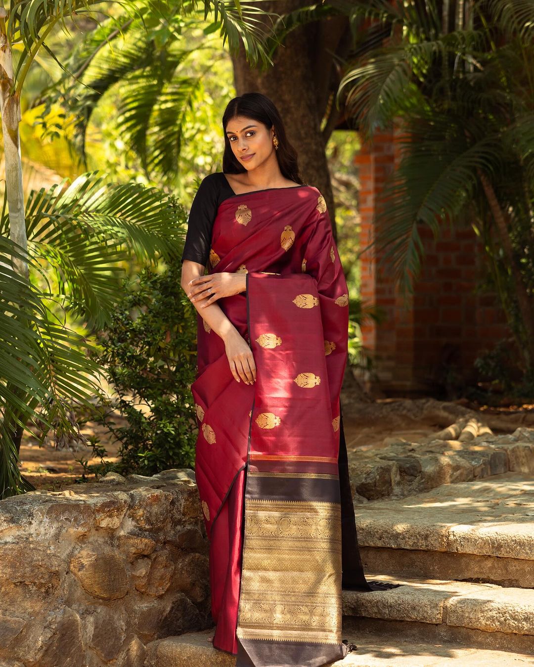 Elegant Wine Red Silk Saree with Gold Motifs & Rich Zari Border