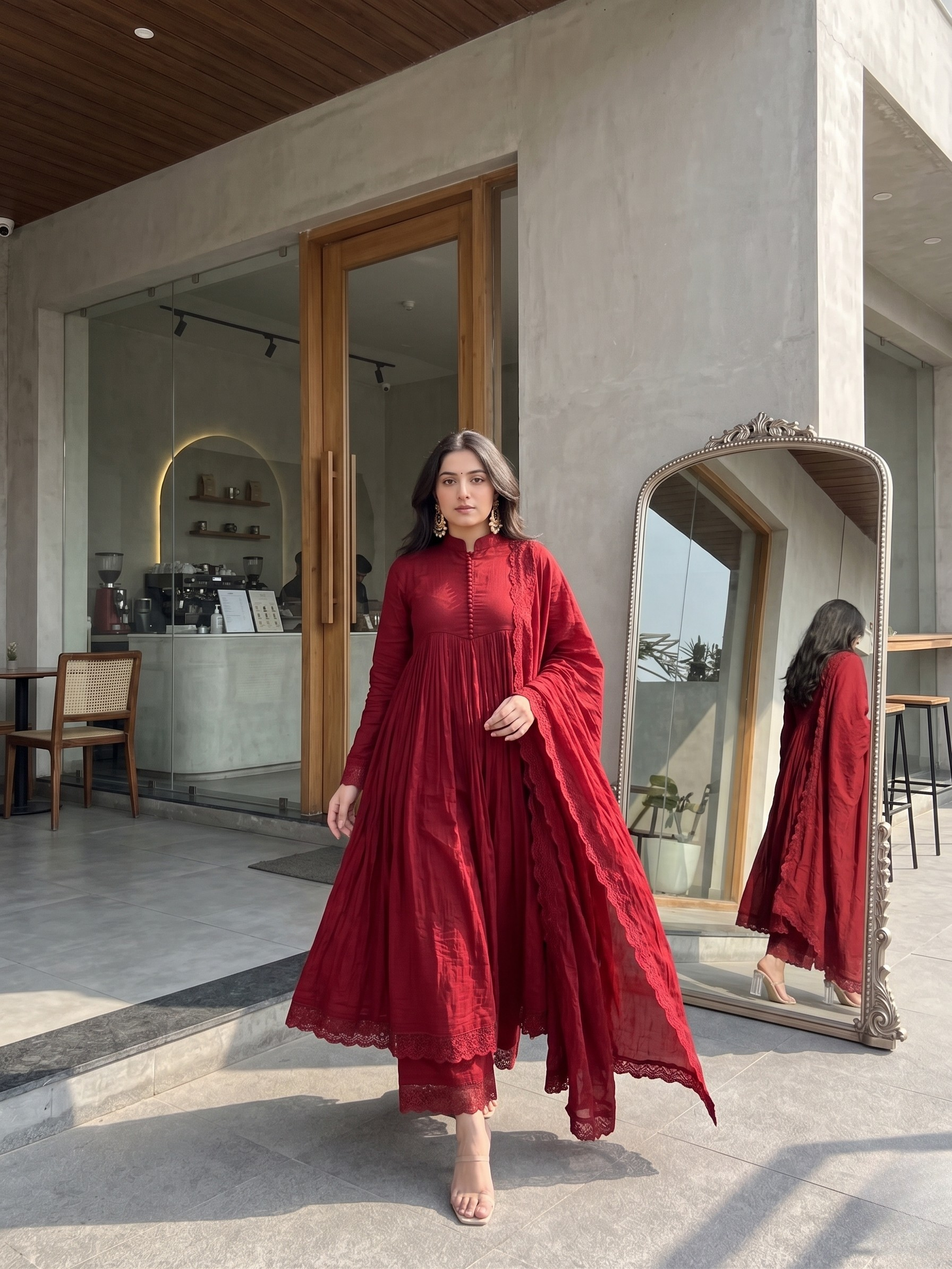 Elegant Wine Red Anarkali Suit Set with Dupatta