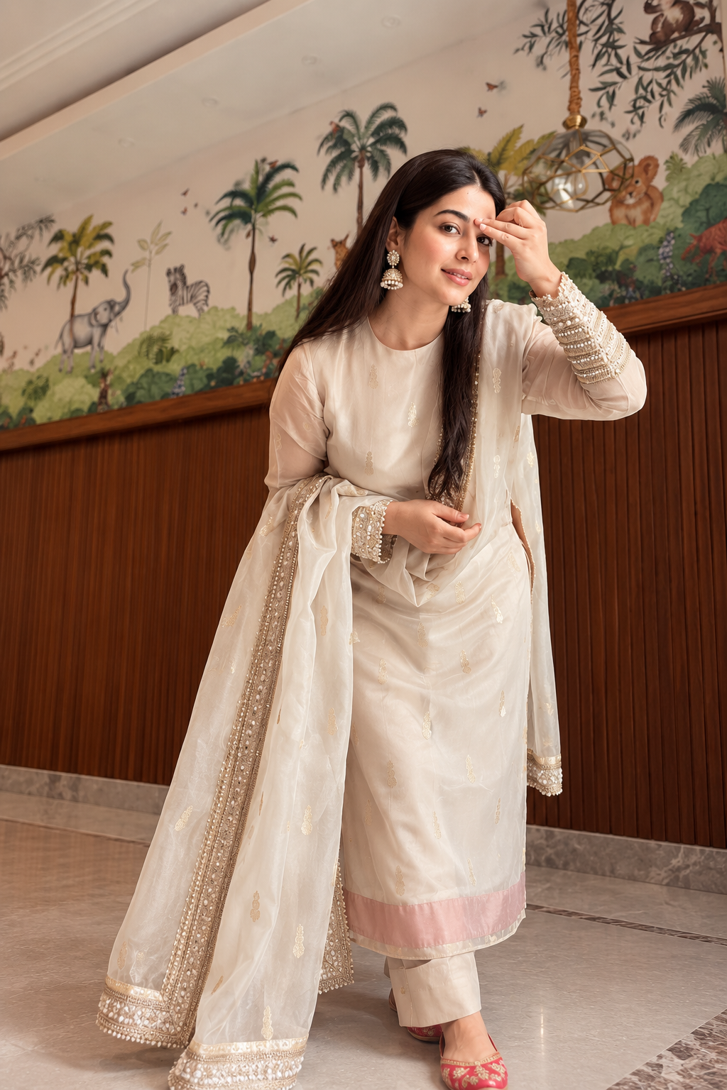 Ivory Gold Embroidered Straight Kurta Set with Dupatta for Women