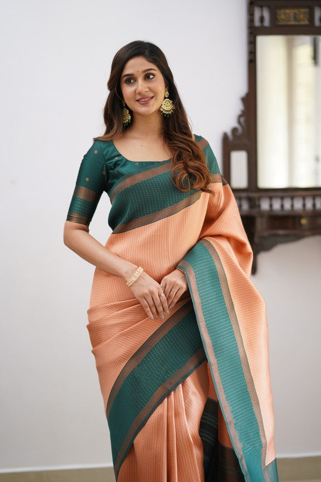 Peach & Teal Soft Silk Saree with Elegant Contrast Border