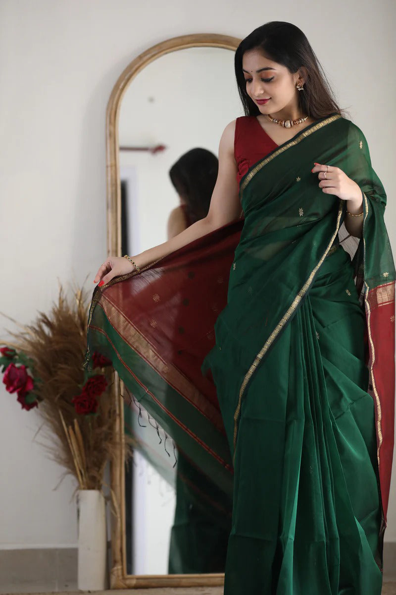 Snazzy Green Cotton Silk Saree With Prodigal Blouse Piece