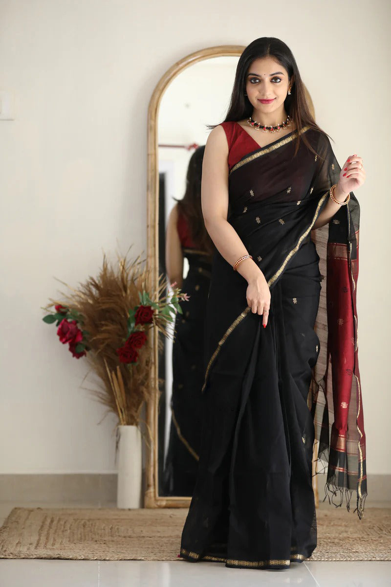 Artistic Black Cotton Silk Saree With Marvellous Blouse Piece