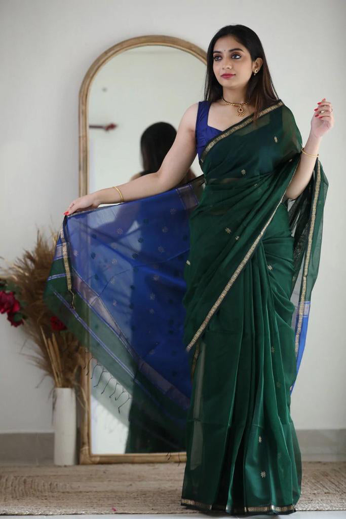 Fragrant Green Cotton Silk Saree With Classy Blouse Piece