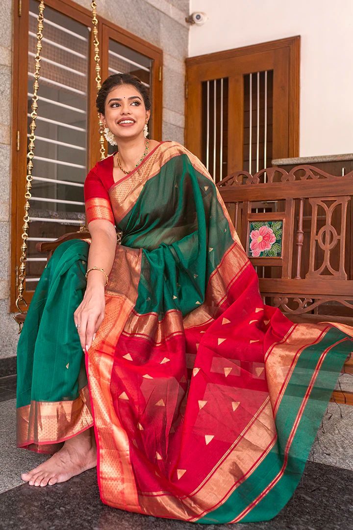 Emerald Green & Red Kanjivaram Silk Saree with Rich Golden Zari Border