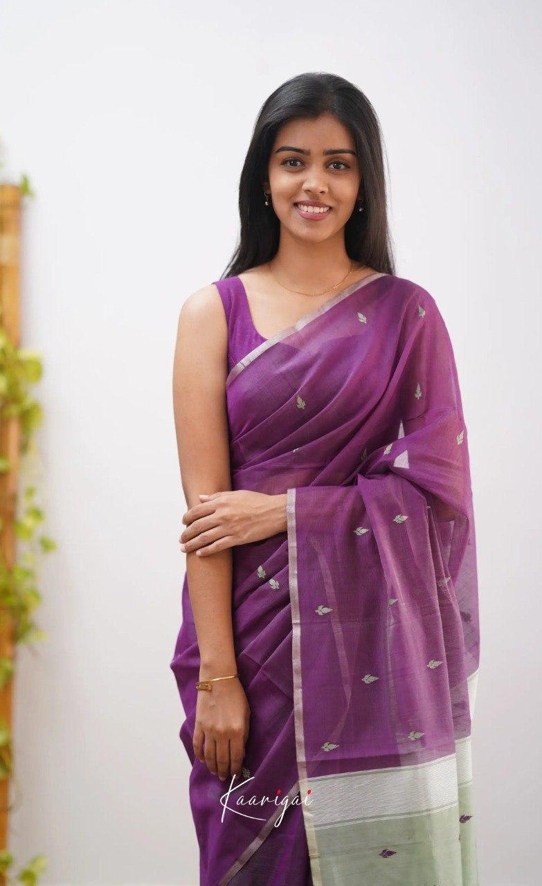 Women's Purple Organza Saree with Delicate Woven Motifs & Contrast Ivory Pallu