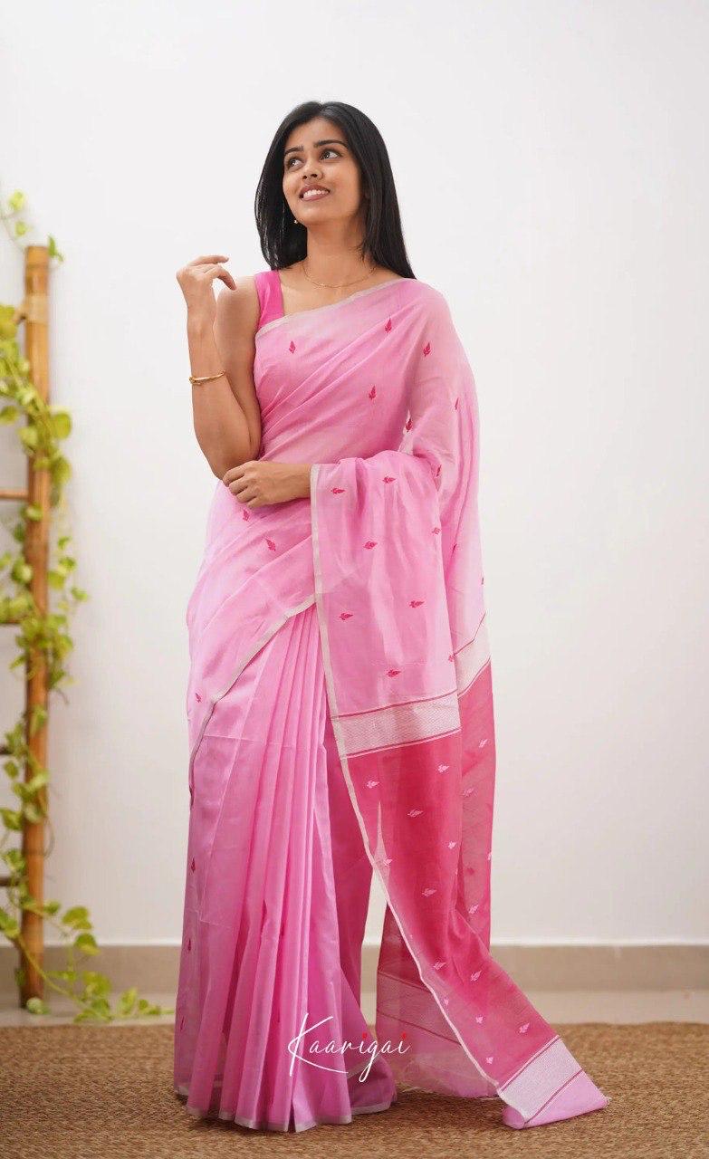 Women's Baby Pink Organza Saree with Delicate Embroidered Motifs & Elegant Border