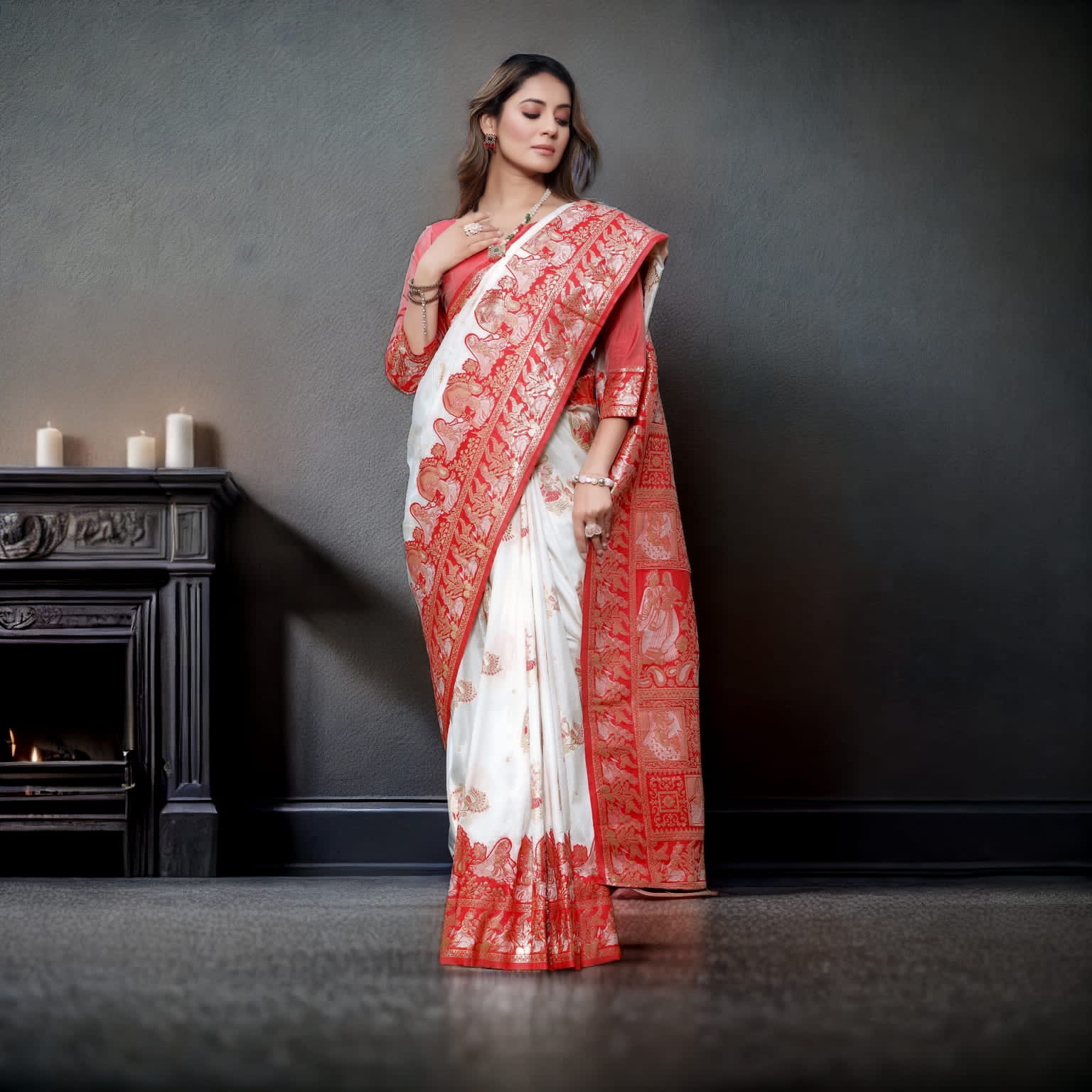 Floral Print Saree with Contrast Border