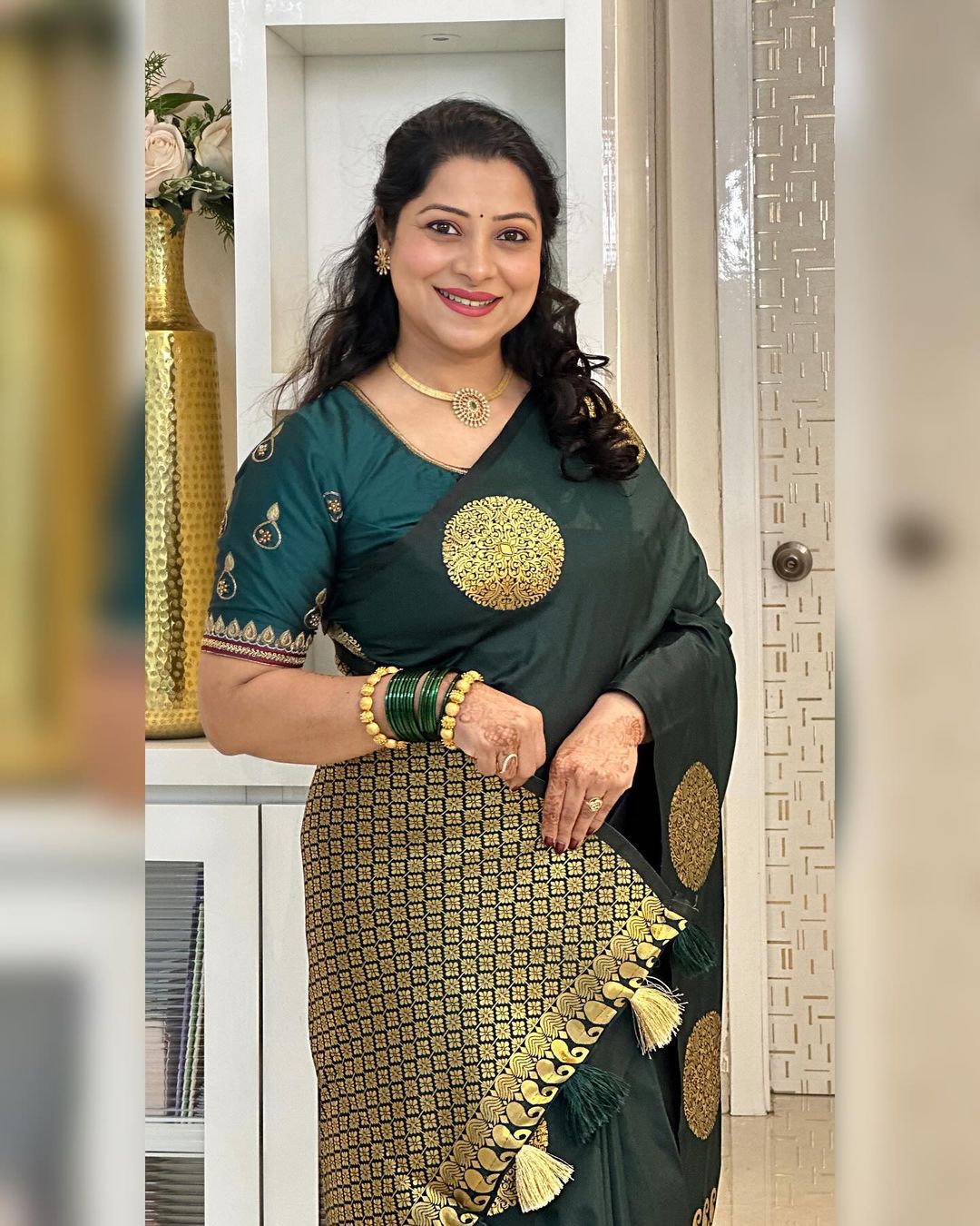 Elegant Bottle Green Silk Saree with Gold Polka Motifs & Rich Designer Pallu