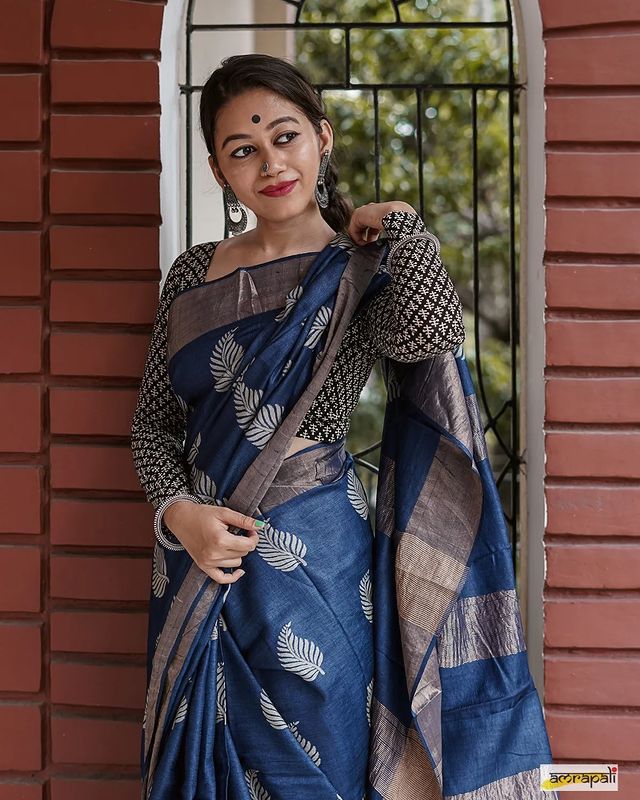 Women's Charcoal Blue Silk Saree with Golden Leaf Motifs