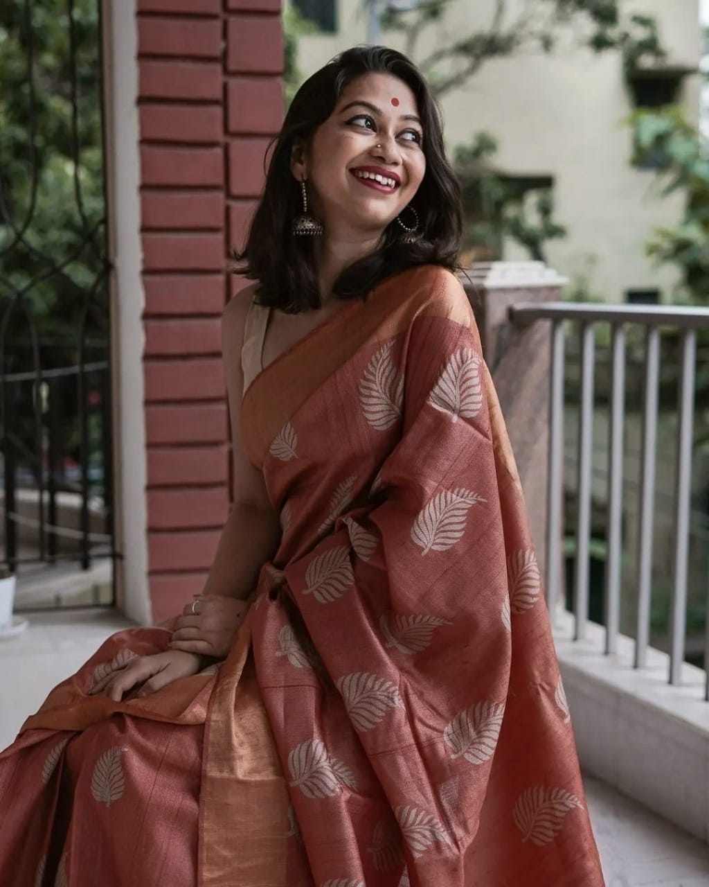 Women's Copper Brown Silk Saree with Golden Leaf Motifs