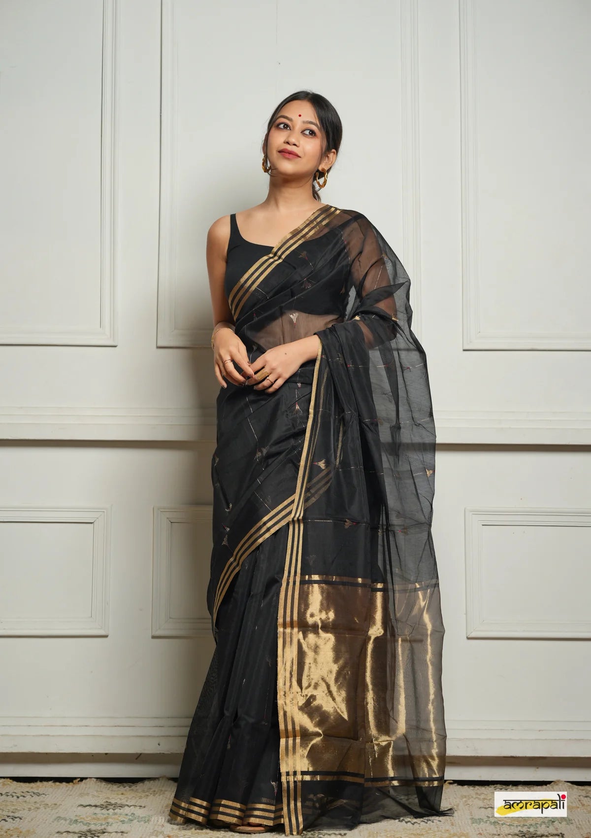 Women's Black Organza Saree with Golden Border