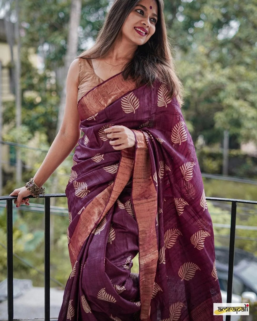Women's Charcoal Wine Silk Saree with Golden Leaf Motifs