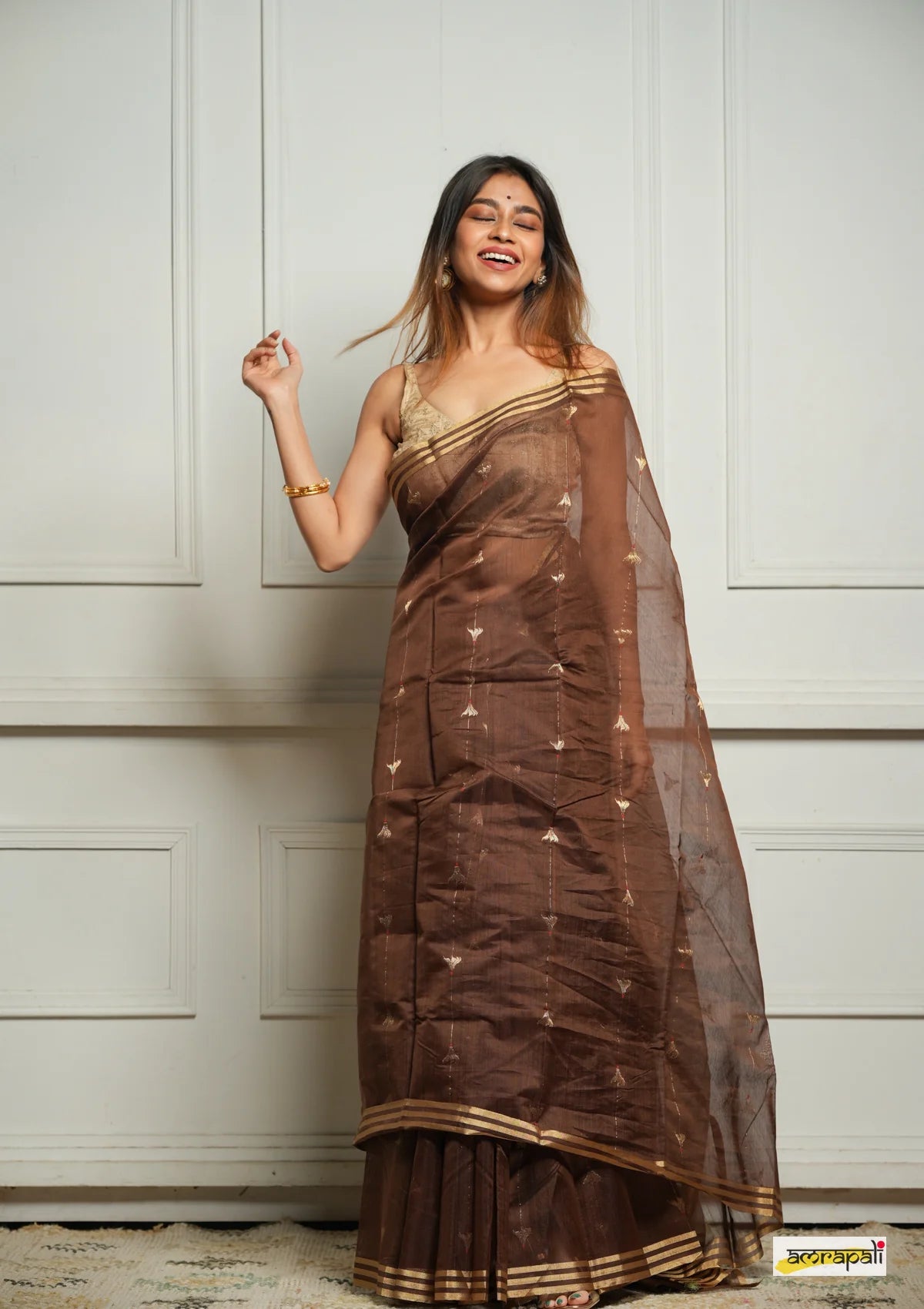 Women's Chocolate Brown Organza Saree with Golden Border