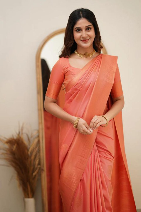 Women's Peach Silk Blend Saree with Elegant Solid Weave & Designer Border