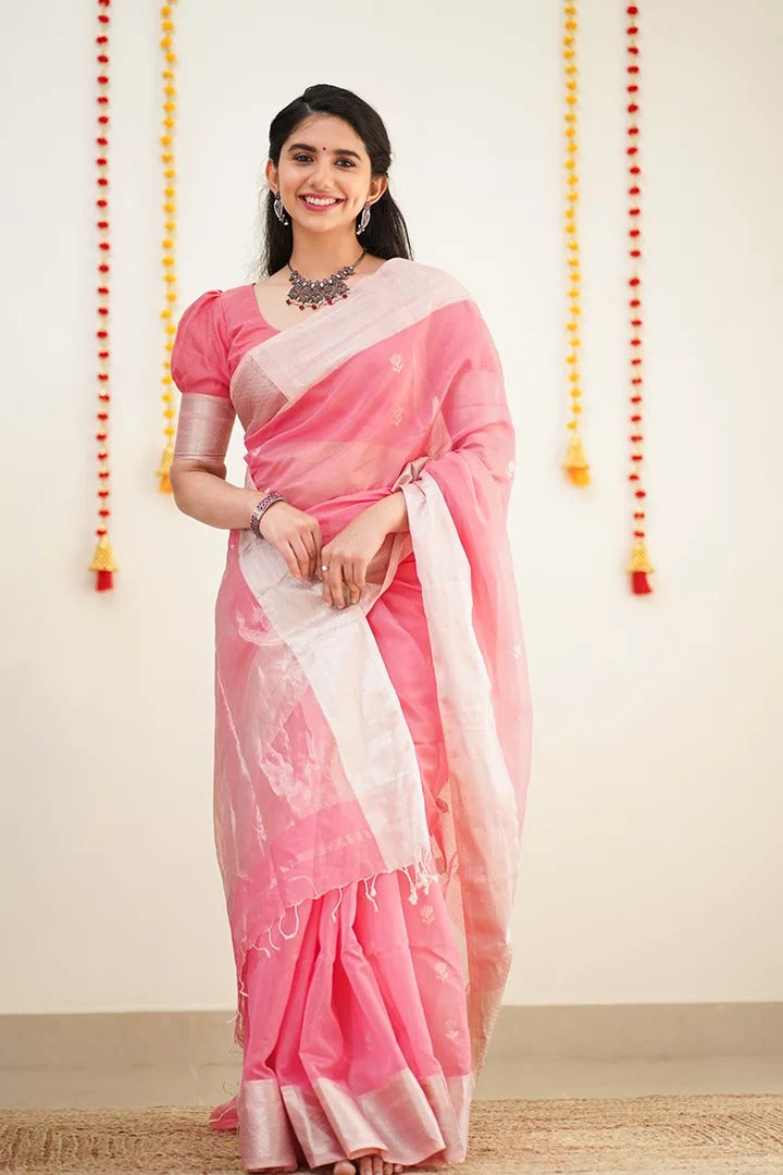 Women's Emerald Pink Saree with Silver Zari Border
