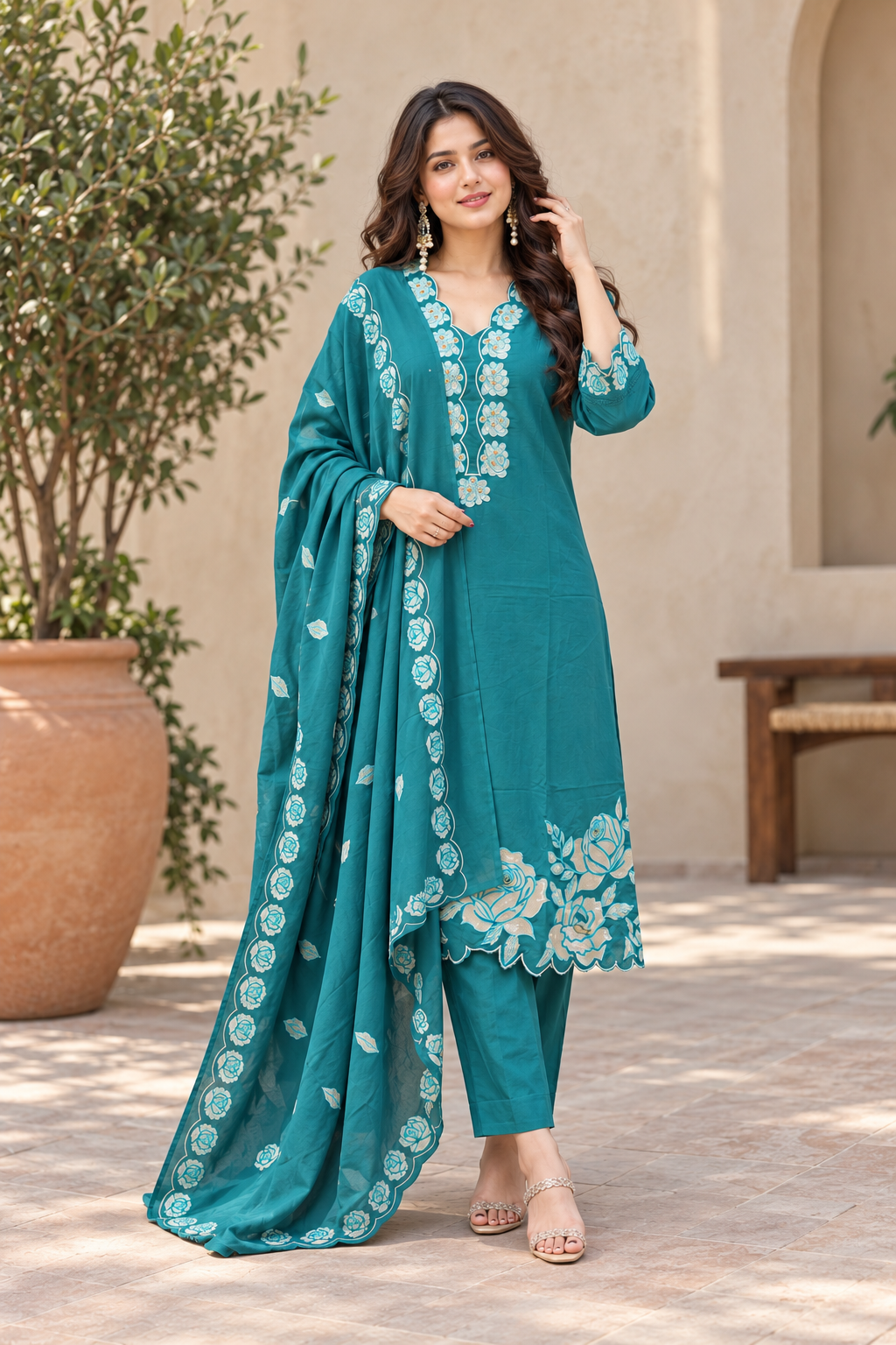 Teal Floral Embroidered Straight Kurta Set with Dupatta