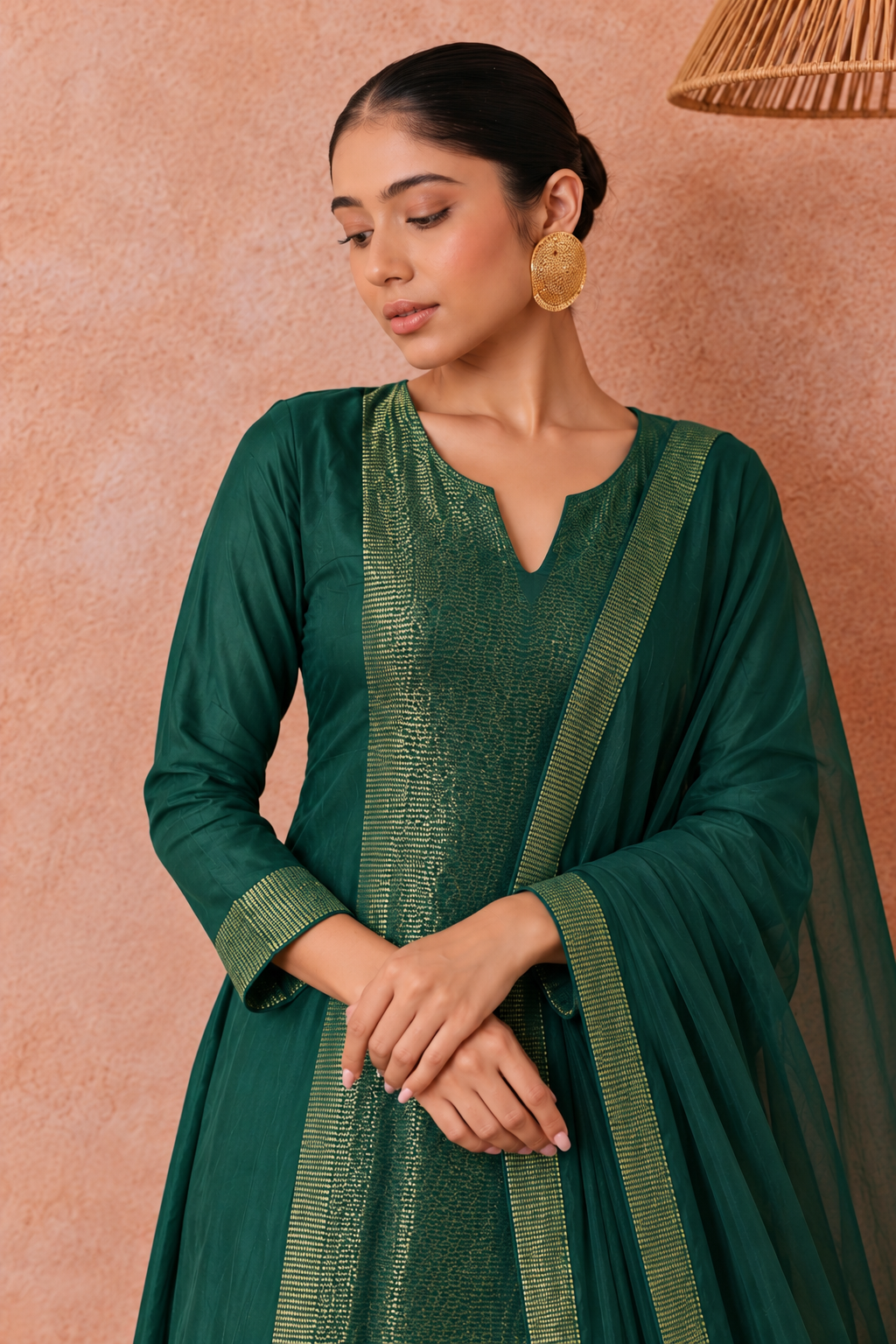 Green Gold Woven Kurta Set with Dupatta
