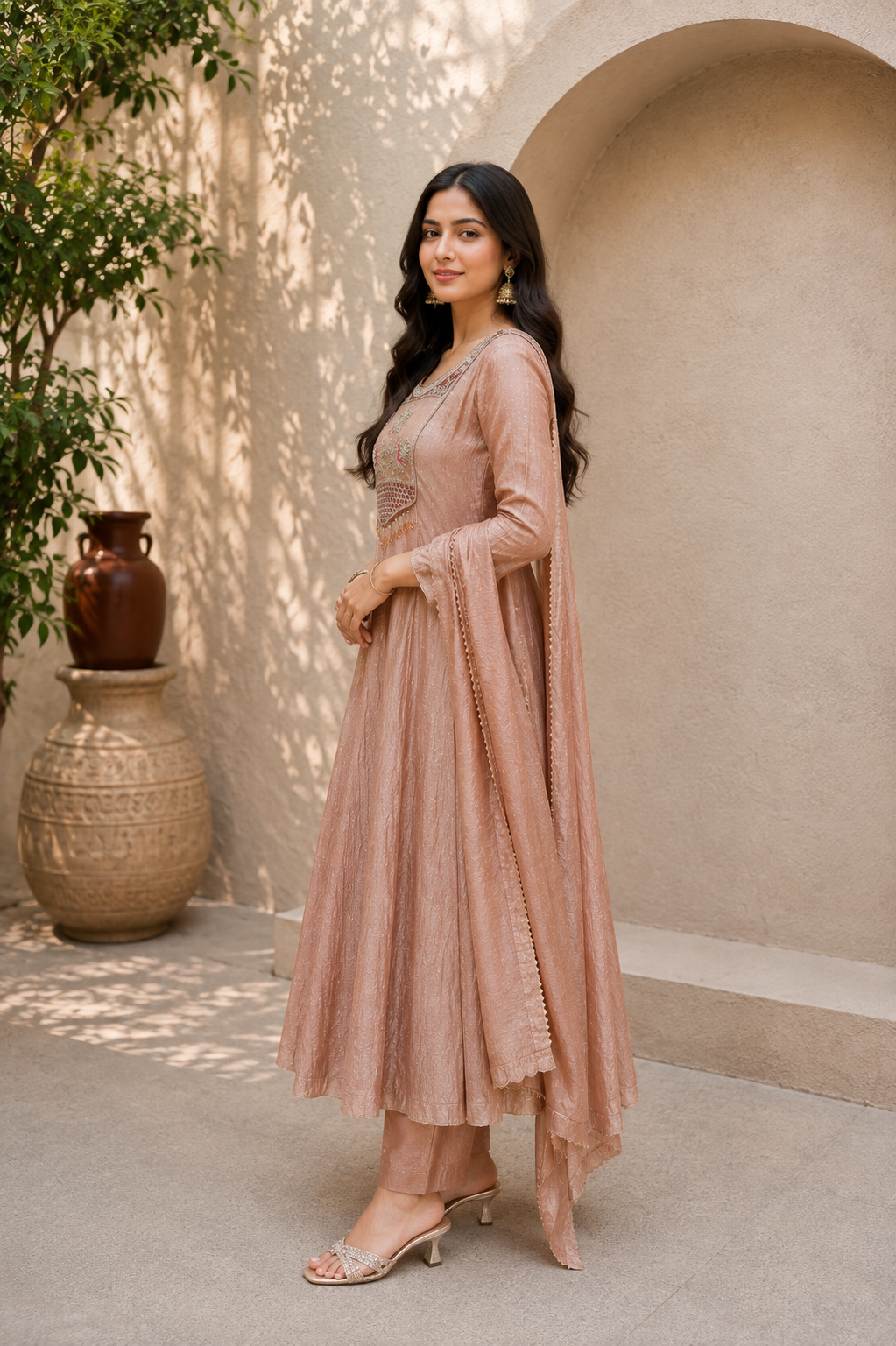 Premium Blush Pink Embroidered Salsa Anarkali Kurta Set with Dupatta