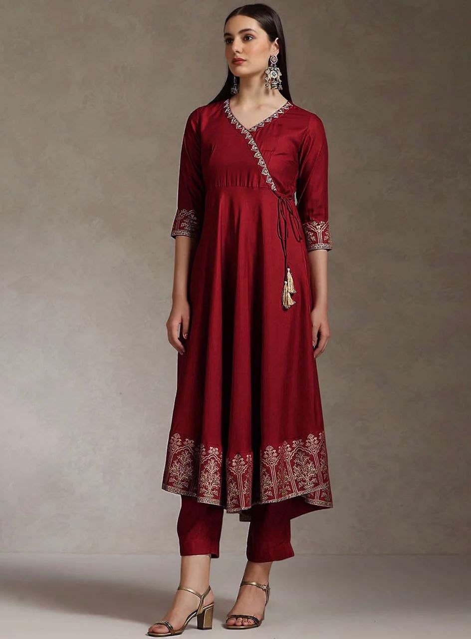 Women’s Wine Maroon Printed Anarkali Suit Set with Designer Dupatta