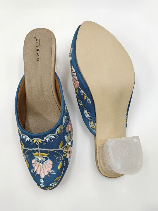 Women's Blue Floral Embroidered Transparent Block Heel Mule Sandals