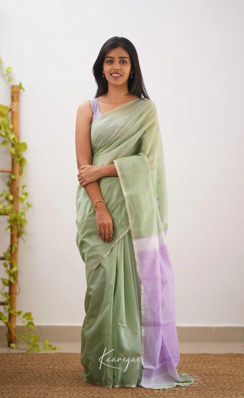 Women's Sage Green Organza Saree with Delicate Woven Motifs & Lavender Contrast Pallu