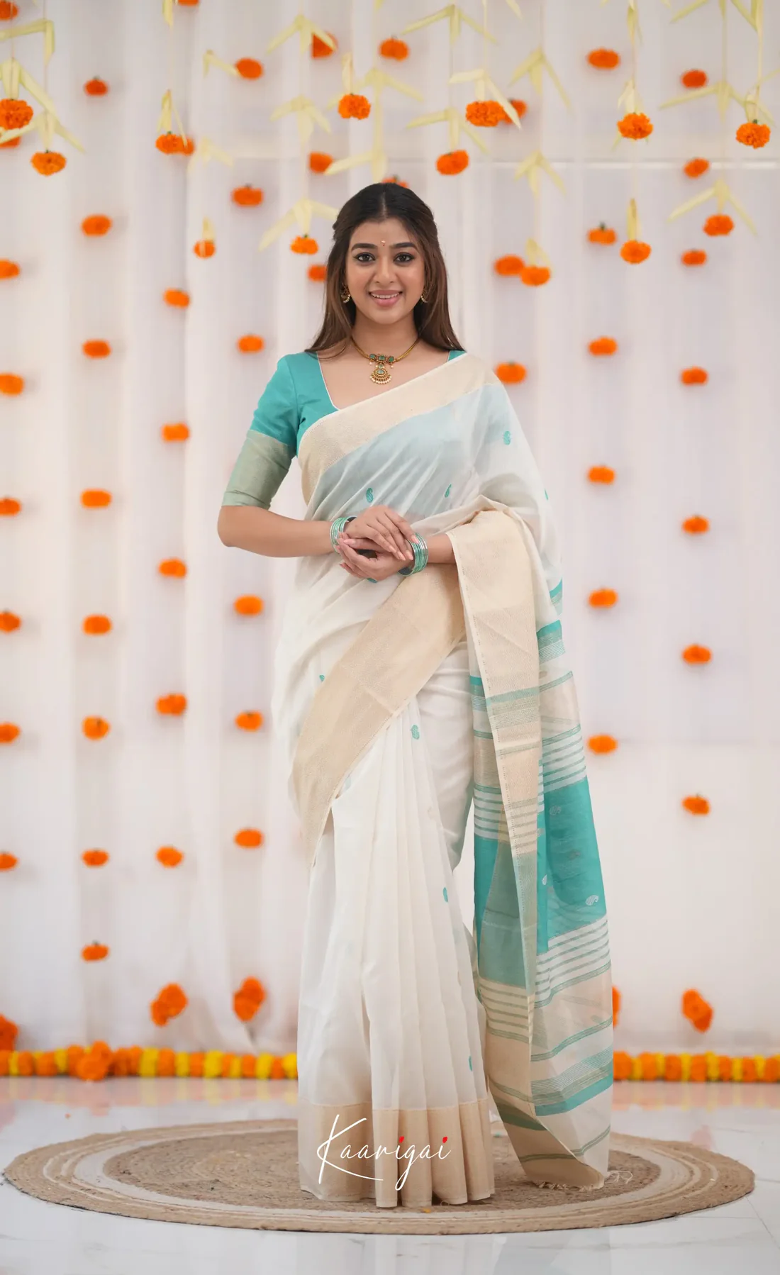 Women's White & Aqua Blue Border Saree